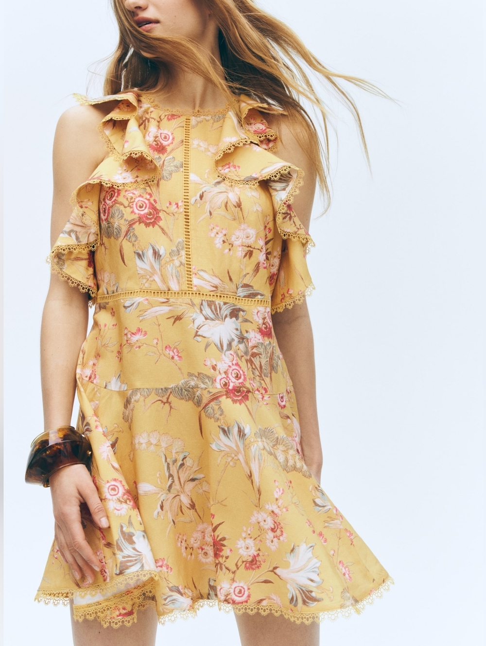 NWT H&M Linen Yellow Floral Ruffled Mini Dress Size L Lace Trim